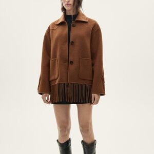 NWT! Mango Brown Fringed Wool Blend Button Front Jacket Oversized Soft Coat
